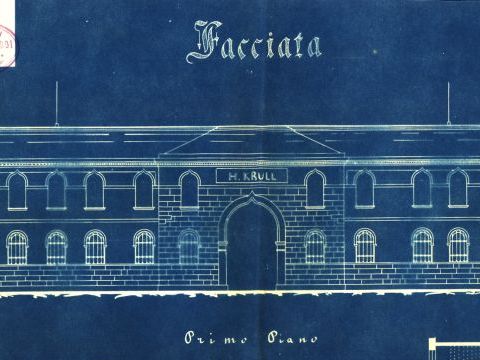 15. Progetto della facciata e delle piante dei Magazzini Krull a Mestre, 1908