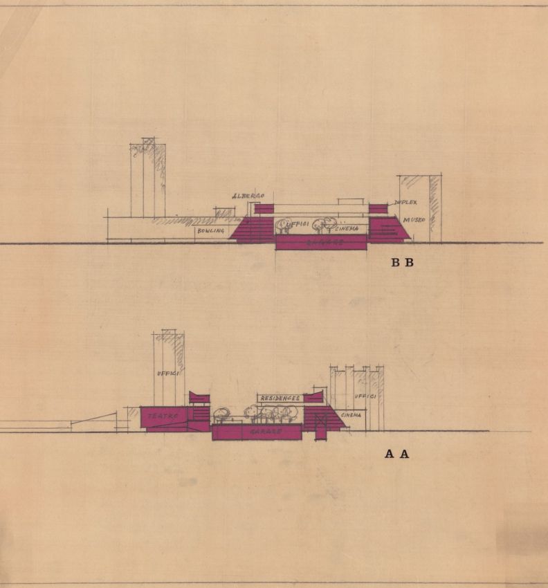 14. Sezioni A-A e B-B dei volumi residenziali con museo, albergo, cinema, uffici, garage e teatro