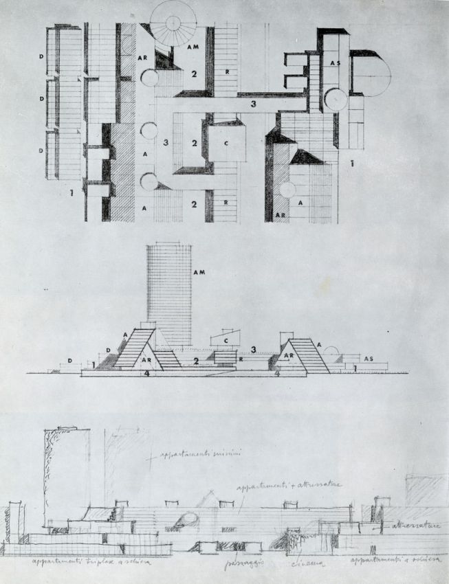 18. Schizzi di pianta e sezione di una porzione del centro direzionale