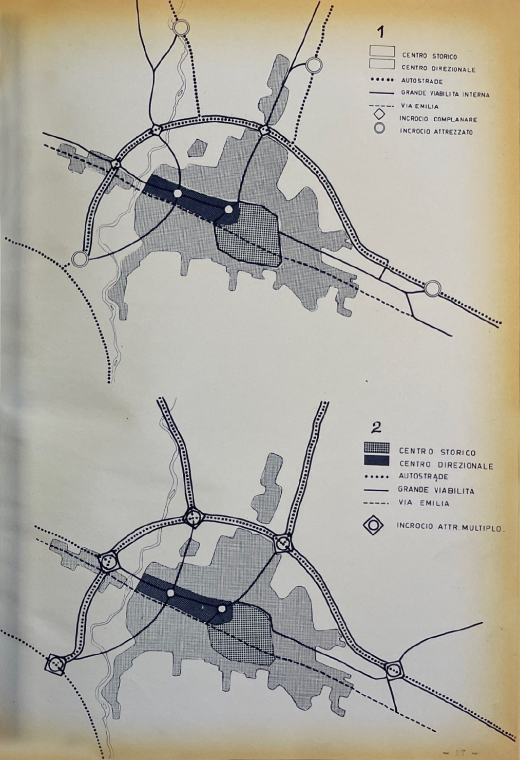 20. Schemi di ipotesi di rapporto del centro direzionale con la grande viabilità, marzo 1962
