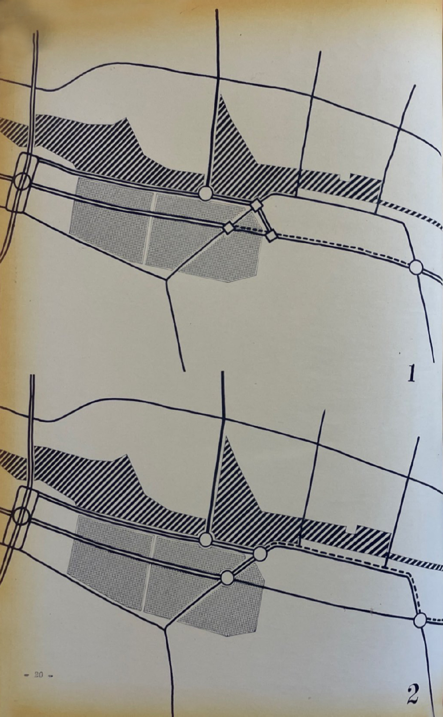 21. Schemi di ipotesi di viabilità interna in relazione ai “cuori” del centro direzionale, marzo 1962