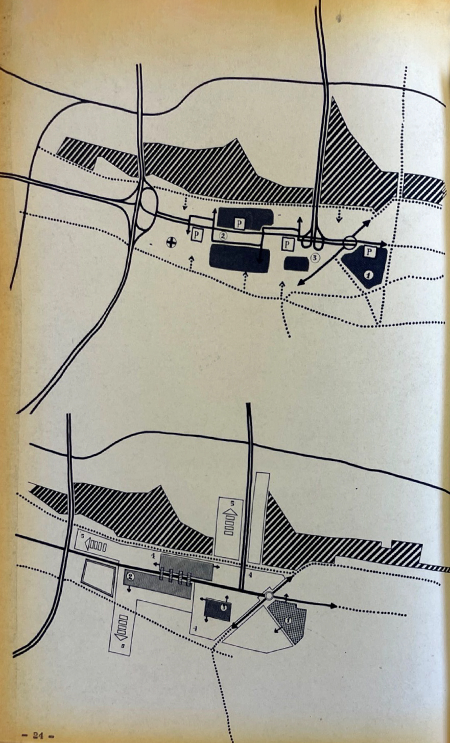 22. Schemi di ipotesi di viabilità interna in relazione ai “cuori” del centro direzionale e i suoi tempi di attuazione, marzo 1962