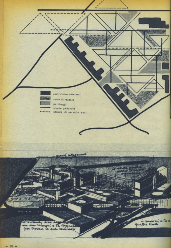 23. Schema e schizzo prospettico in relazione alle costruzioni esistenti, marzo 1962