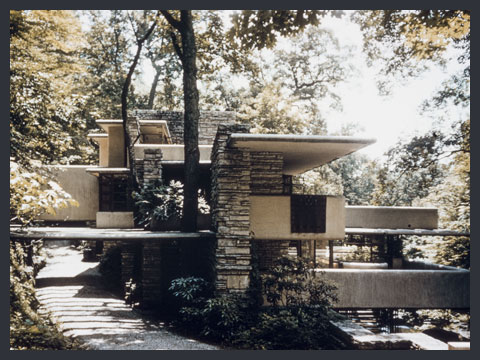 F.L. Wright, Kaufmann House, 1935. Casa sulla cascata, Mill Run, Pennsylvania