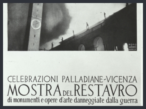 21. Bombardamenti Vicenza. Basilica palladiana durante l'incendio. Manifesto mostra del 1949, s.d.
