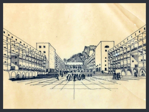 9. Primo progetto per il quartiere Montecalvario a Napoli, XV Triennale di Milano, prospettiva, 1973