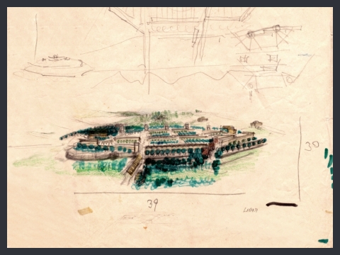 14. Piano di recupero del centro storico di Lioni (Avellino), pianta e volo d'uccello, 1982