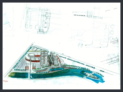 15. Progetto per il quartiere Testaccio e l'ex area industriale dell'Ostiense, veduta dall'alto, 1985
