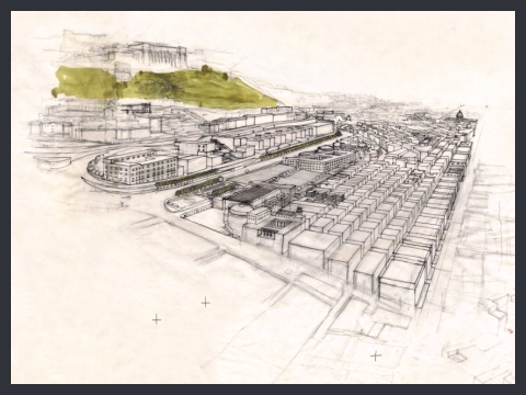 16. Secondo progetto per il quartiere Montecalvario a Napoli, veduta a volo d'uccello, 1987