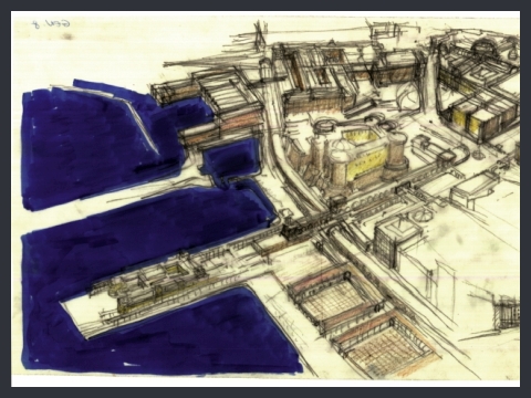 17. Progetto per piazza Municipio e il Porto a Napoli, veduta a volo d'uccello, 1991
