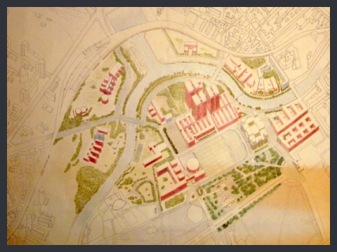 21. Concorso per i nuovi uffici del Parlamento di Berlino, tavola con assonometrie e prospettive, 1992