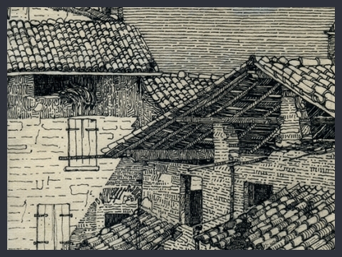 8. Lavori di grafica. Gruppo di case rustiche prealpine, 1923