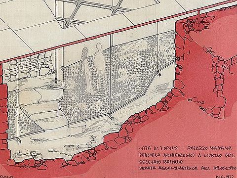 17. Palazzo Madama, spaccato assonometrico del piano archeologico: studi