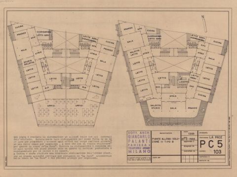 24. Progetto dell'area di proprietà La Pace in piazza Cavour 5: pianta alloggi, 1944