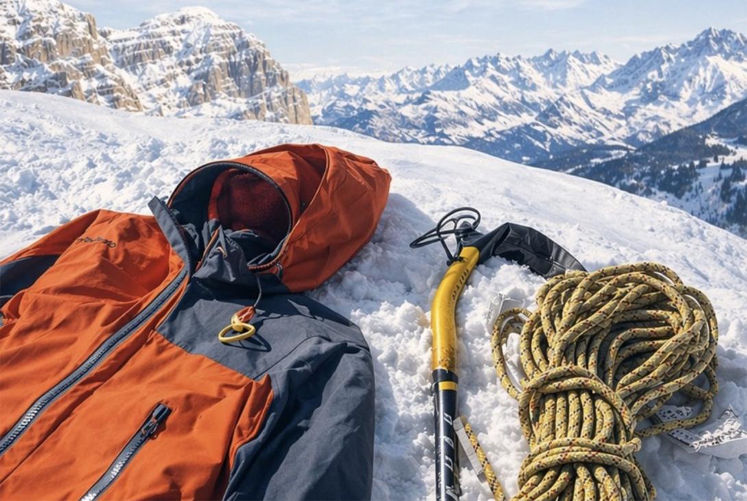 foto con attrezzatura da alpinismo poggiata sulla neve e montagne sullo sfondo