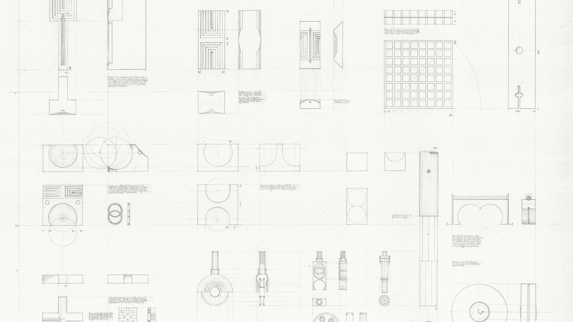 Enrico Miglietta, Abacus of Joining Elements. Re-drawing after Carlo Scarpa’s Brion Cemetery (Altivole, 1968–78). Pencil on paper, 1285 × 875 mm, 1:1. 2024