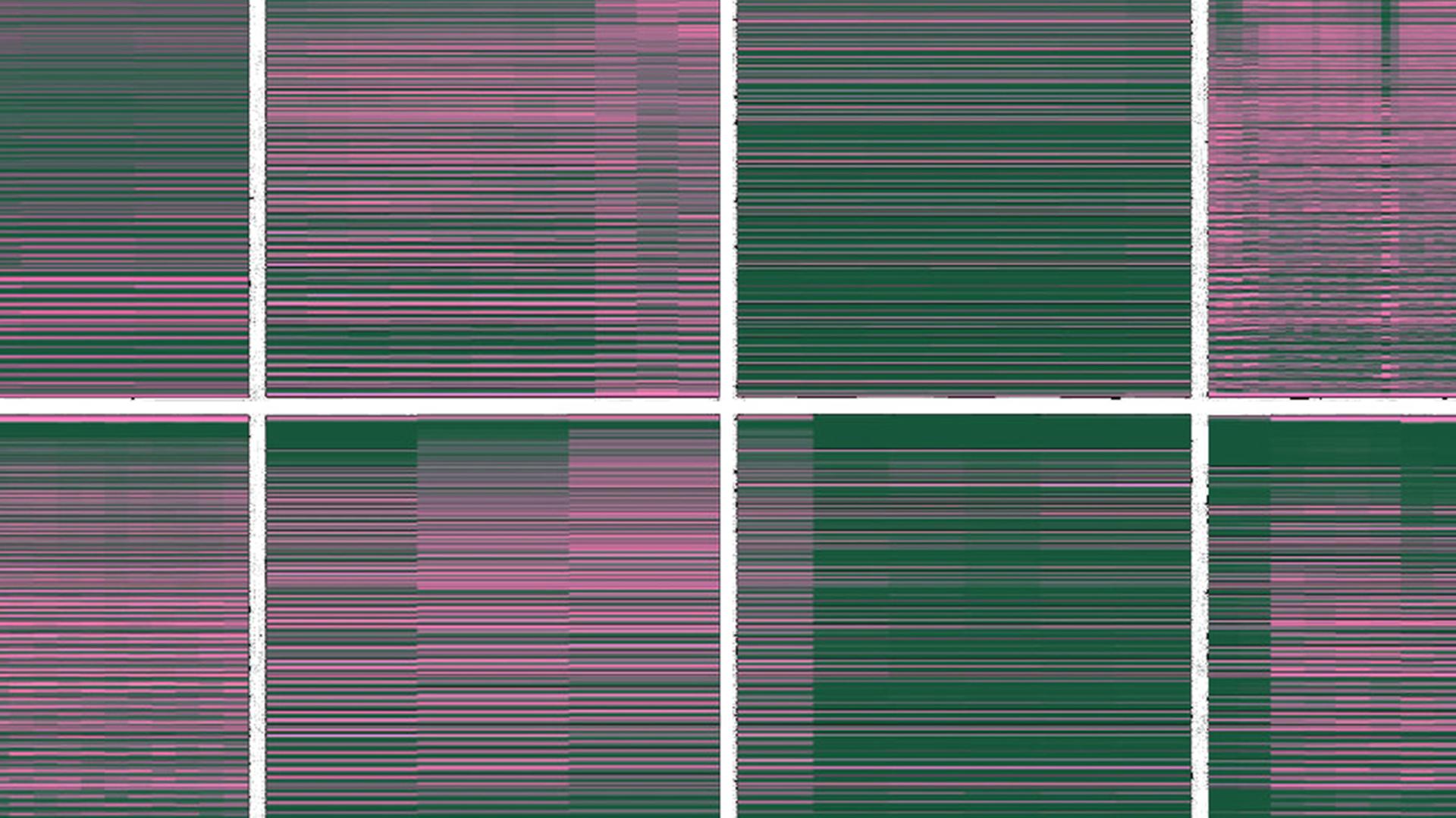 grafica astratta con riquadri a righe sottili rosa e verdi