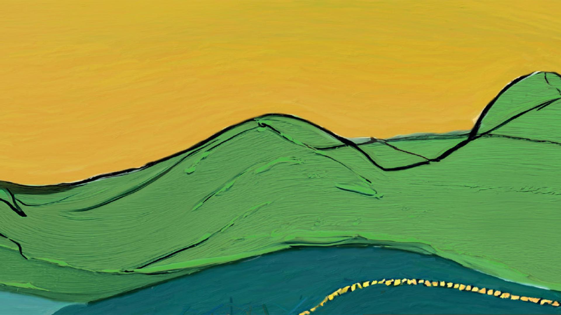 disegno stilizzato che raffigura un paesaggio collinare con colori decisi: giallo, verde e azzurro