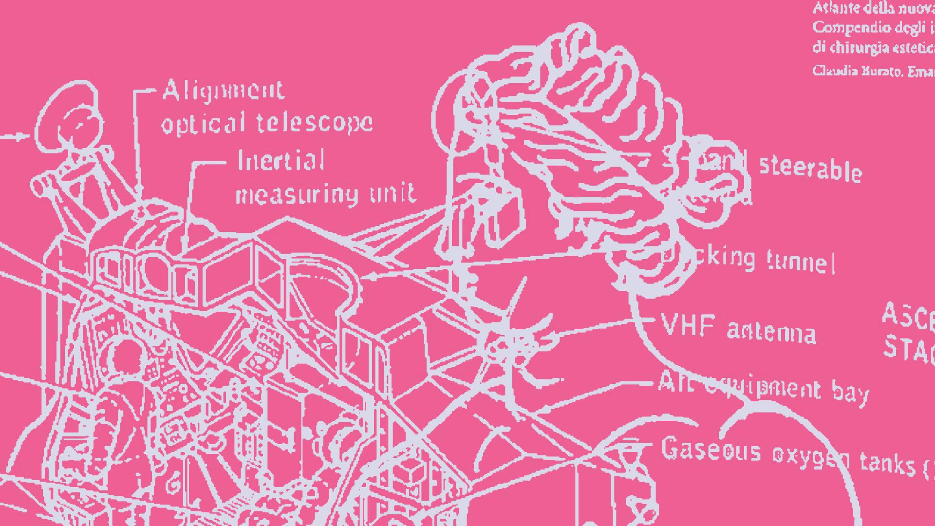 disegno di una figura umana con cartigli con tratto bianco su fondo rosa
